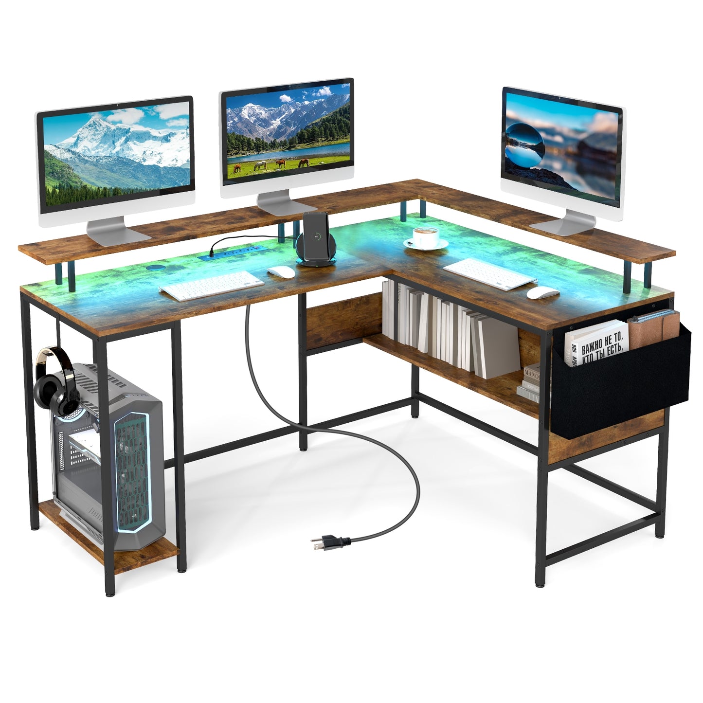 L-Shaped Gaming Desk with LED Lights and Power Outlets Home Office Computer Desk, Rustic Brown L-Shaped Desks Rustic Brown at Gallery Canada