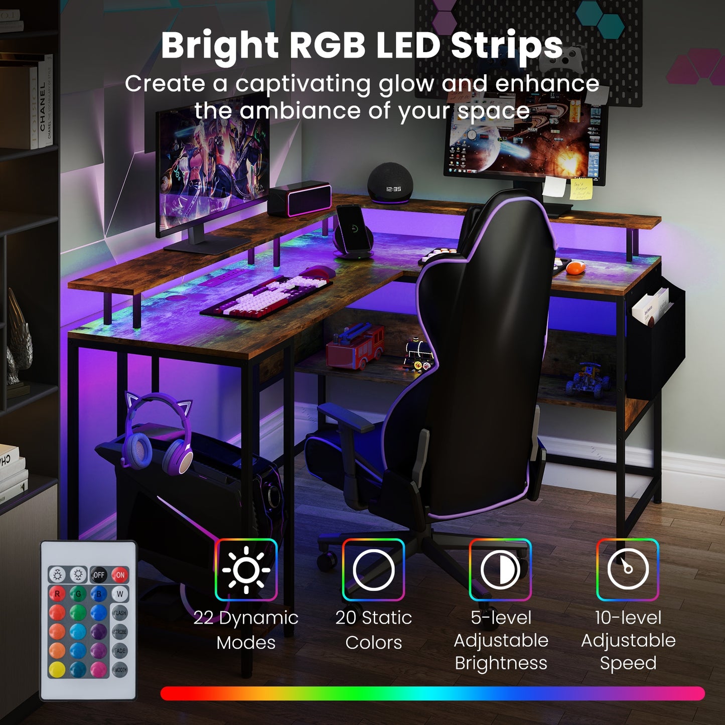 L-Shaped Gaming Desk with LED Lights and Power Outlets Home Office Computer Desk, Rustic Brown L-Shaped Desks at Gallery Canada