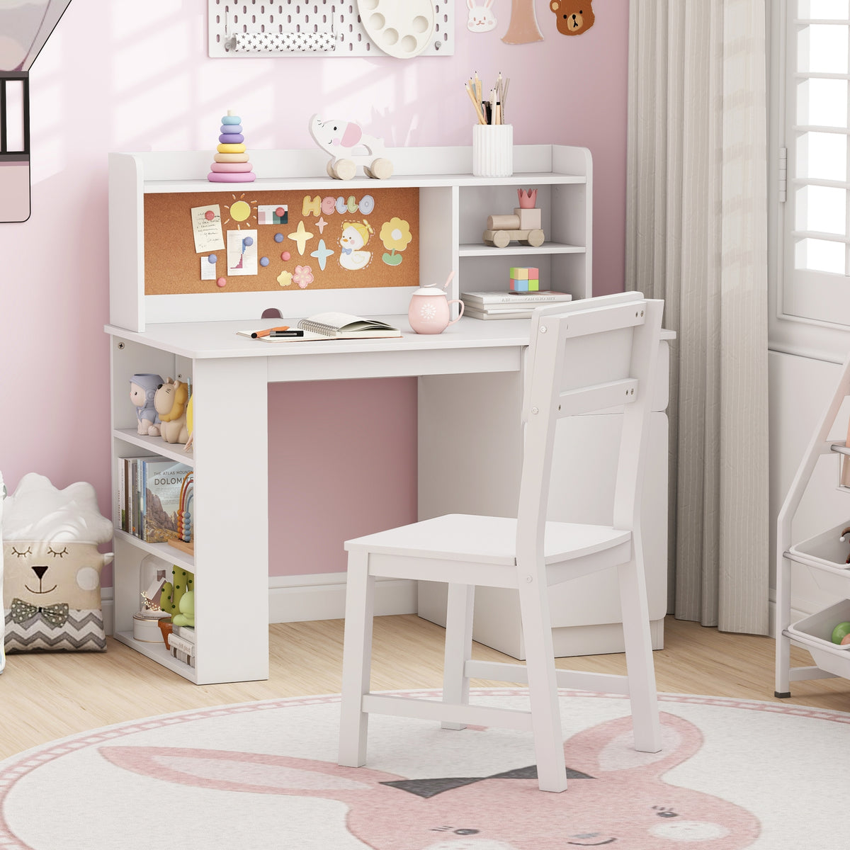 Kids Desk Chair Set With Hutch, 3-Layer Side Shelf, White Kids Table & Chair Sets at Gallery Canada