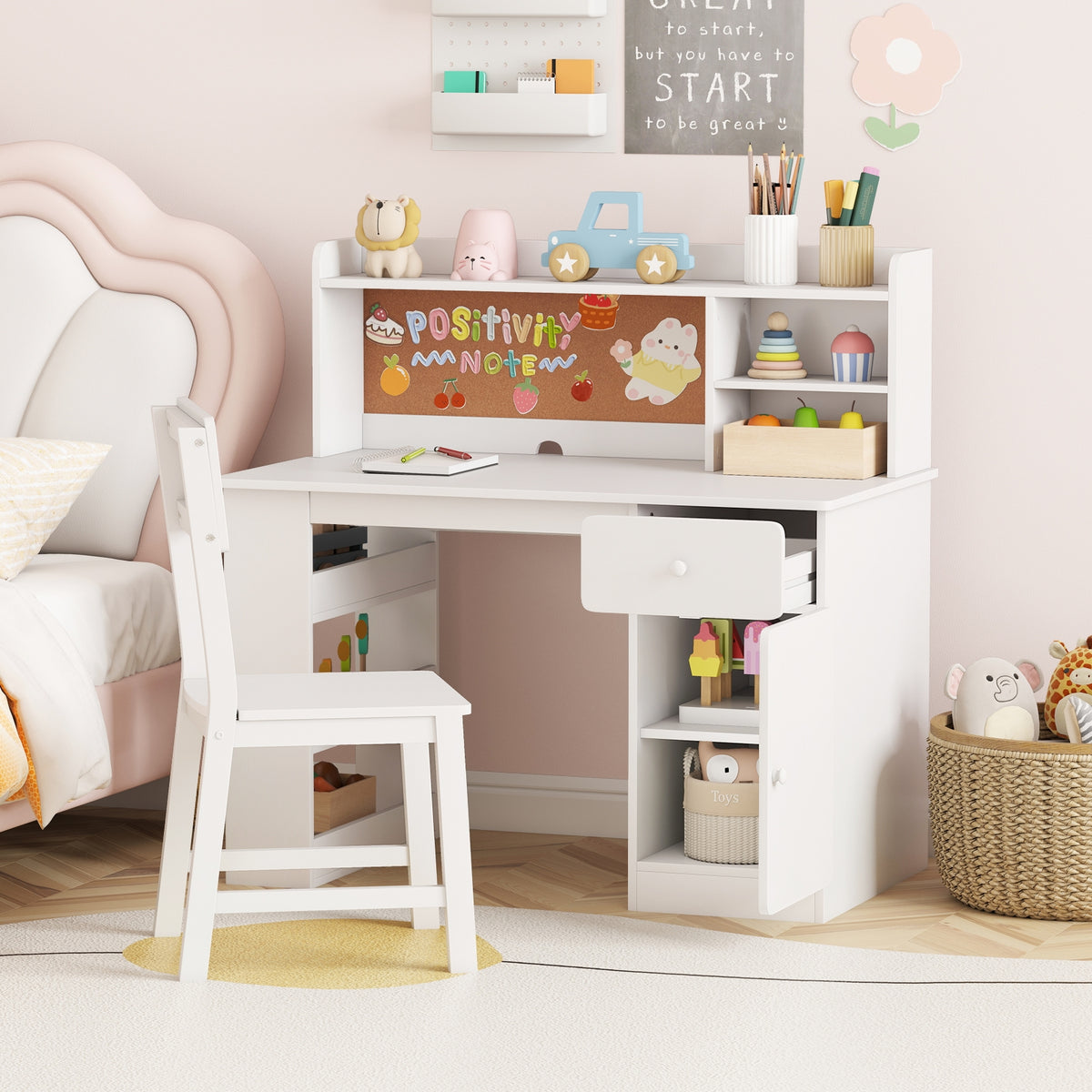Kids Desk Chair Set With Hutch, 3-Layer Side Shelf, White Kids Table & Chair Sets at Gallery Canada