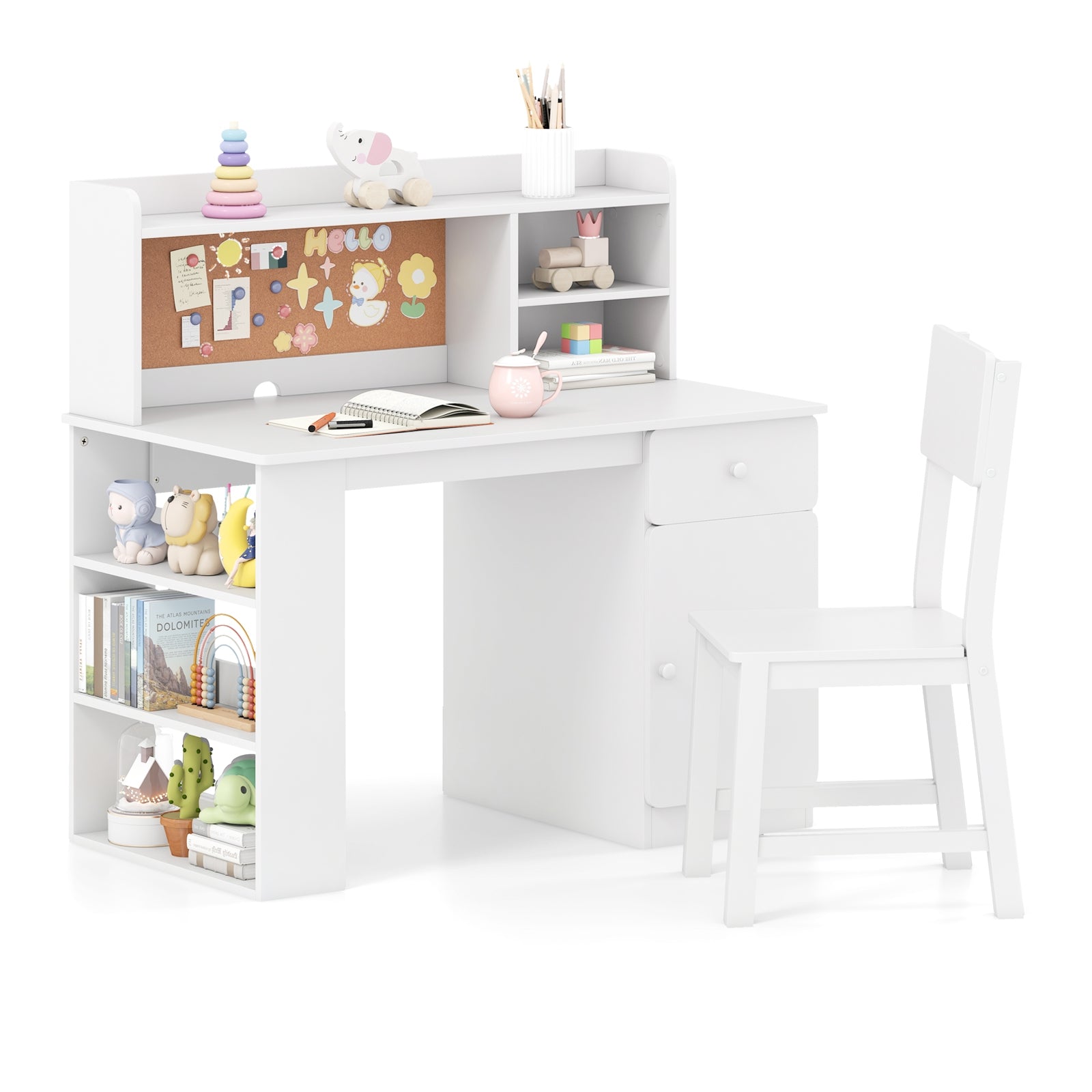 Kids Desk Chair Set With Hutch, 3-Layer Side Shelf, White Kids Table & Chair Sets White at Gallery Canada