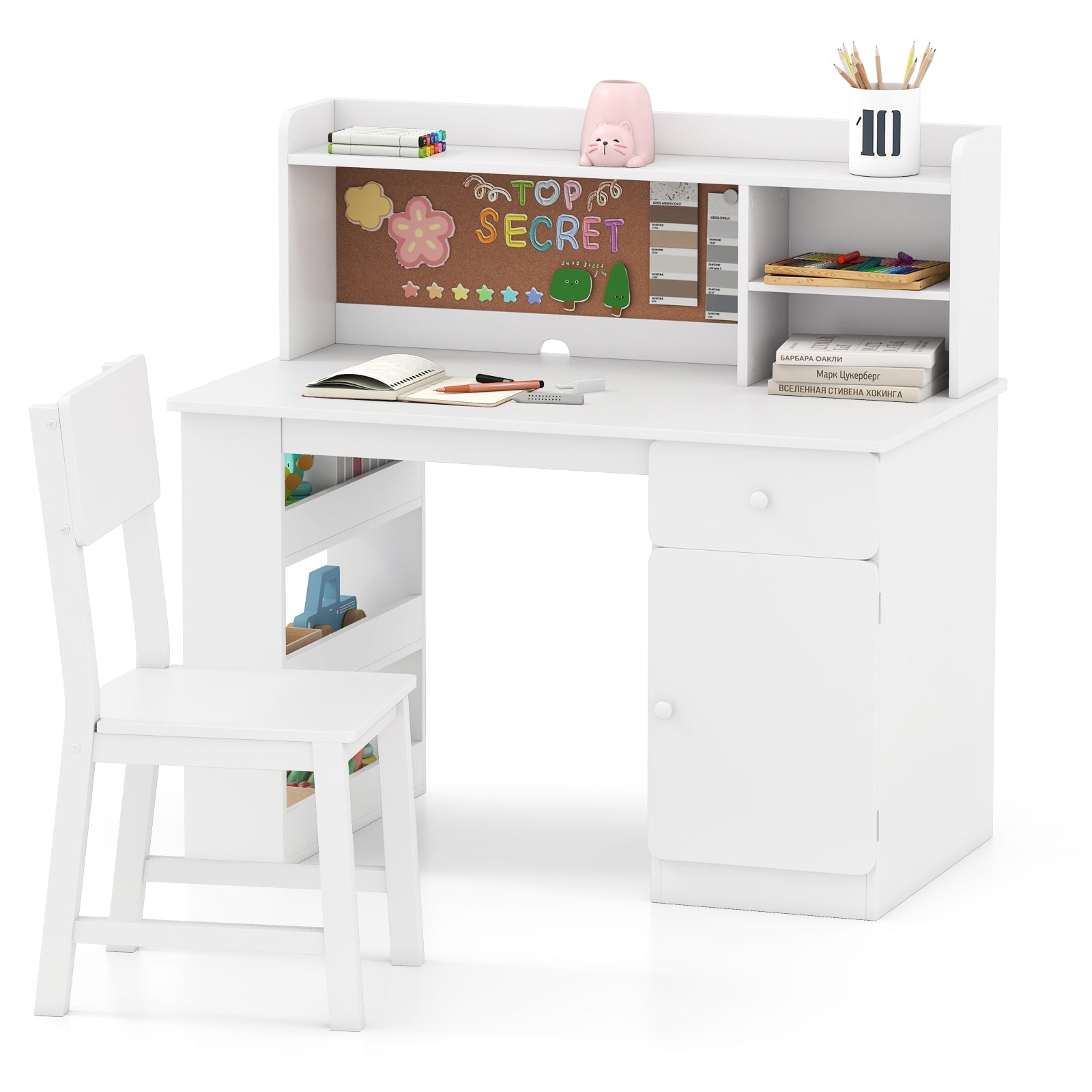 Kids Desk Chair Set With Hutch, 3-Layer Side Shelf, White Kids Table & Chair Sets at Gallery Canada