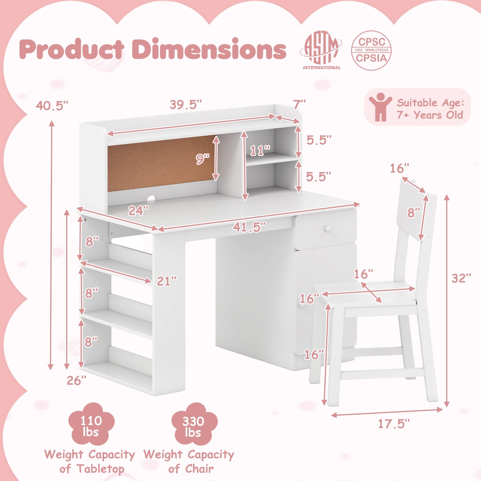 Kids Desk Chair Set With Hutch, 3-Layer Side Shelf, White Kids Table & Chair Sets at Gallery Canada