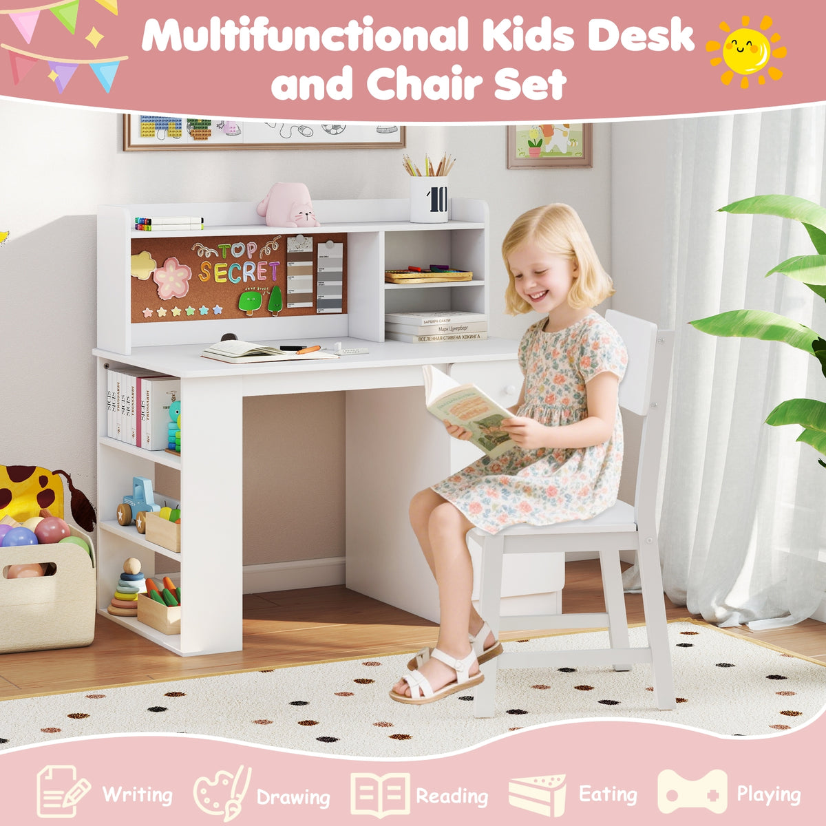 Kids Desk Chair Set With Hutch, 3-Layer Side Shelf, White Kids Table & Chair Sets at Gallery Canada
