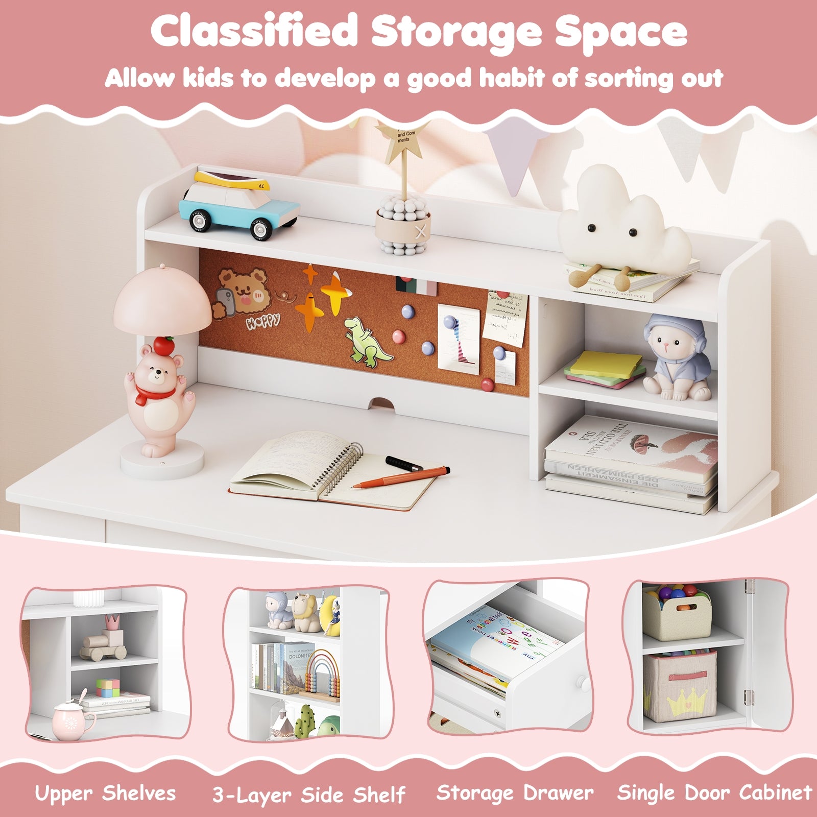 Kids Desk Chair Set With Hutch, 3-Layer Side Shelf, White Kids Table & Chair Sets at Gallery Canada