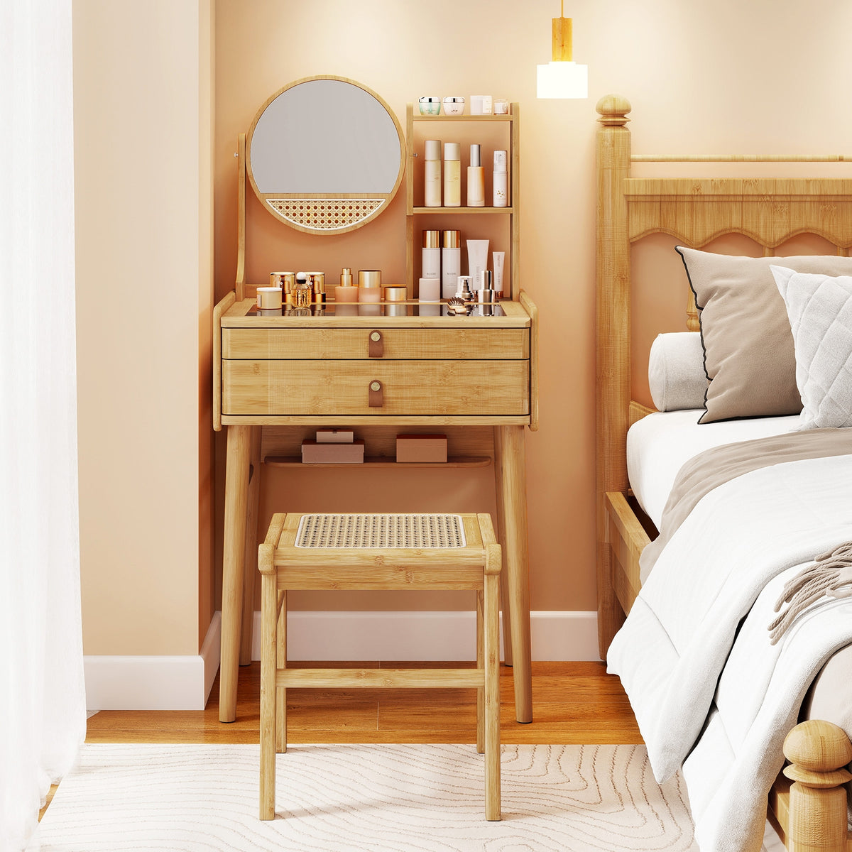 Small Vanity Desk And Stool Set With Mirror, 2 Drawers, Natural Makeup Vanities at Gallery Canada