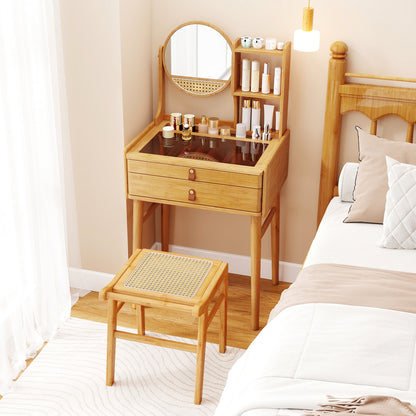 Small Vanity Desk And Stool Set With Mirror, 2 Drawers, Natural Makeup Vanities at Gallery Canada