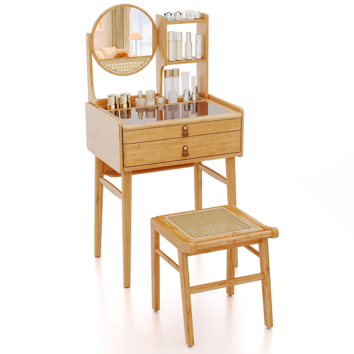 Small Vanity Desk And Stool Set With Mirror, 2 Drawers, Natural Makeup Vanities Natural at Gallery Canada