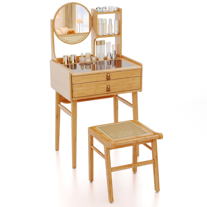 Small Vanity Desk And Stool Set With Mirror, 2 Drawers, Natural Makeup Vanities Natural at Gallery Canada
