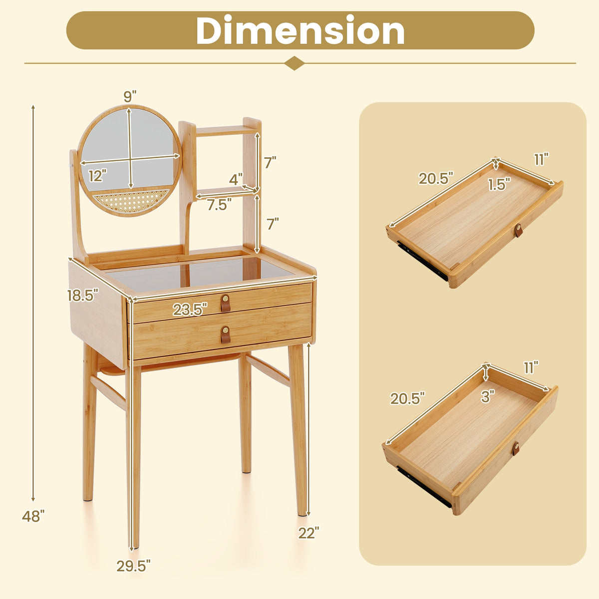 Small Vanity Desk And Stool Set With Mirror, 2 Drawers, Natural Makeup Vanities at Gallery Canada