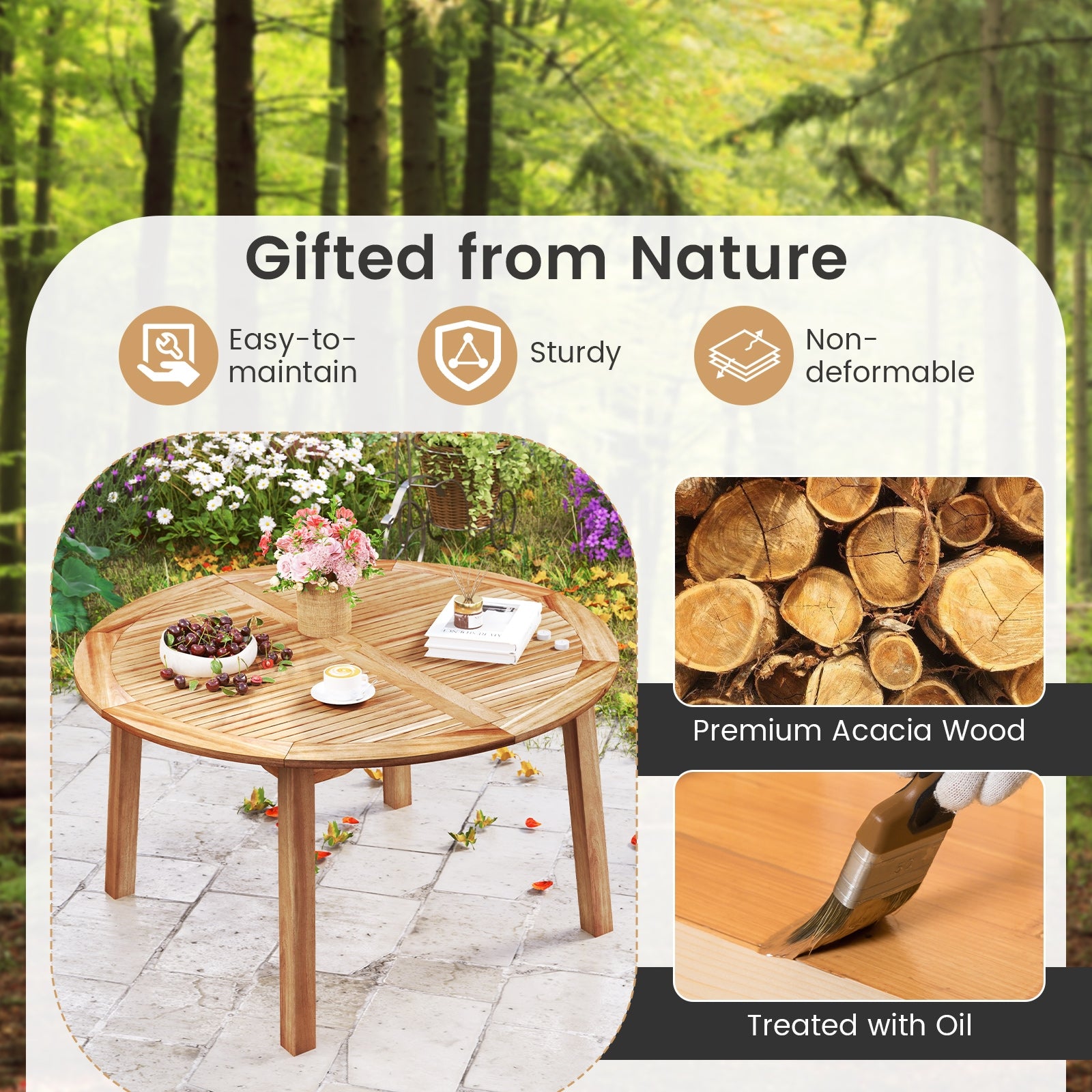 53 Inch Acacia Wood Dining Table, Seats 4-6, Natural Patio Dining Tables at Gallery Canada