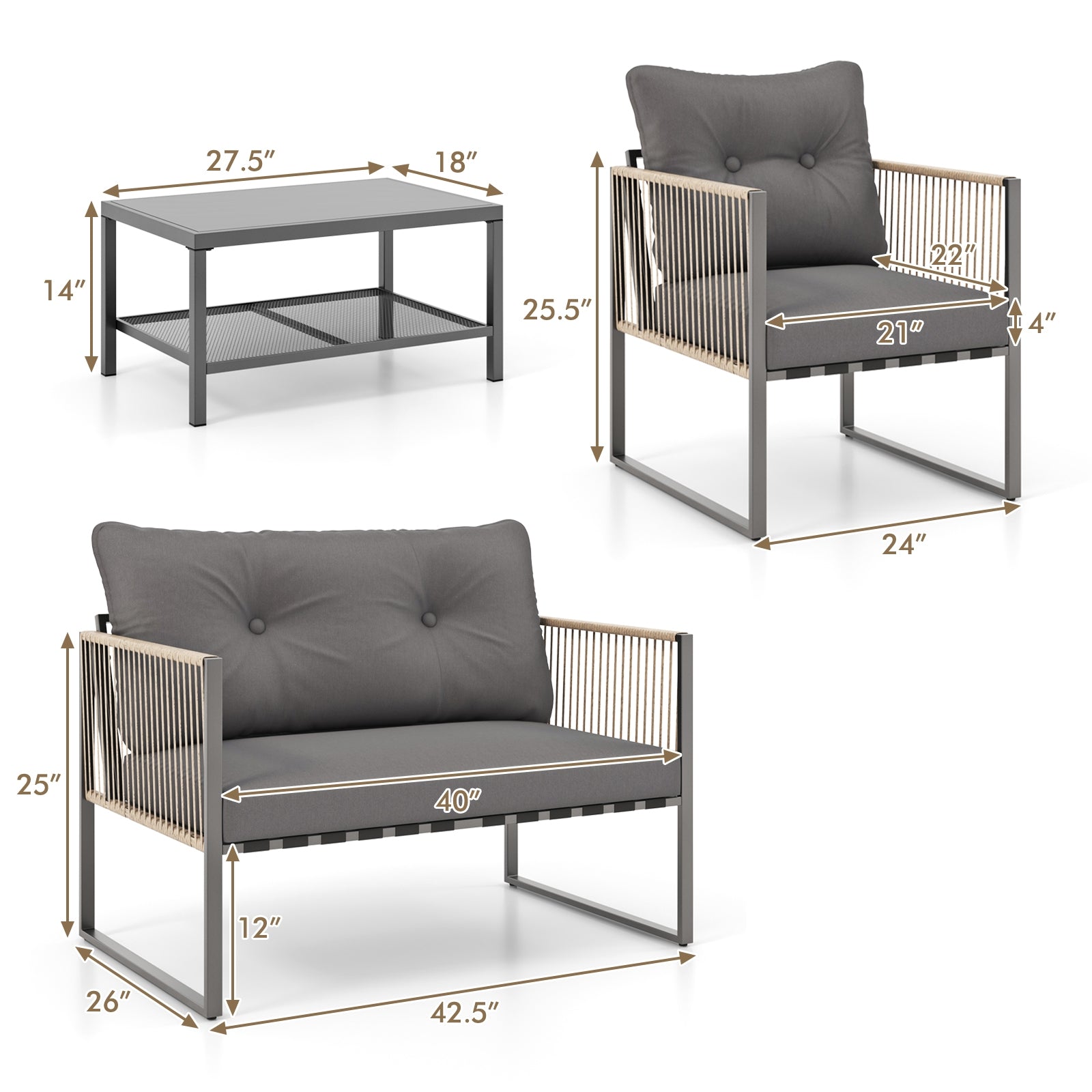 4-Piece Outdoor PE Rattan Conversation Sofa Set, Grey Patio Conversation Sets at Gallery Canada