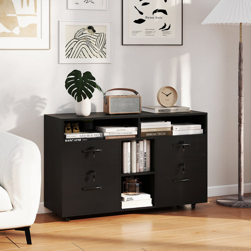 Mobile Lateral File Cabinet With Lock, Rolling Printer Stand, Black