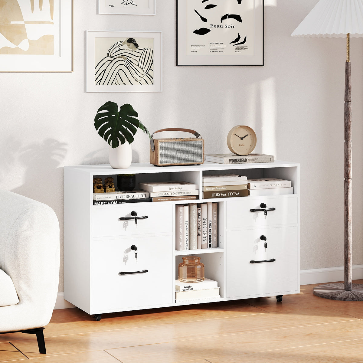 Mobile Lateral File Cabinet With Lock, Rolling Printer Stand, White File Cabinets at Gallery Canada