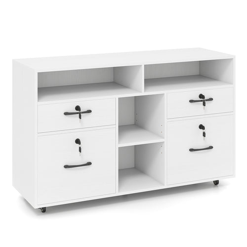 Mobile Lateral File Cabinet With Lock, Rolling Printer Stand, White