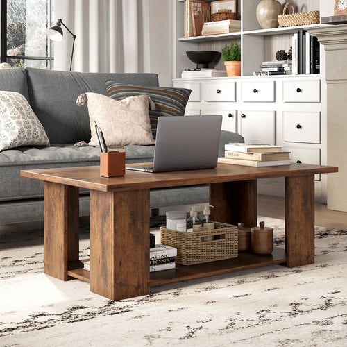 36/41 Inch 2-Tier Wooden Coffee Table With Storage Shelf
