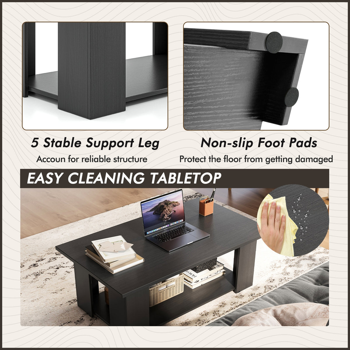 36/41 Inch Wooden Coffee Table With Storage Shelf, Black Coffee Tables at Gallery Canada