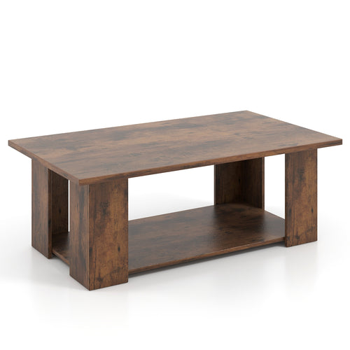 36/41 Inch 2-Tier Wooden Coffee Table With Storage Shelf