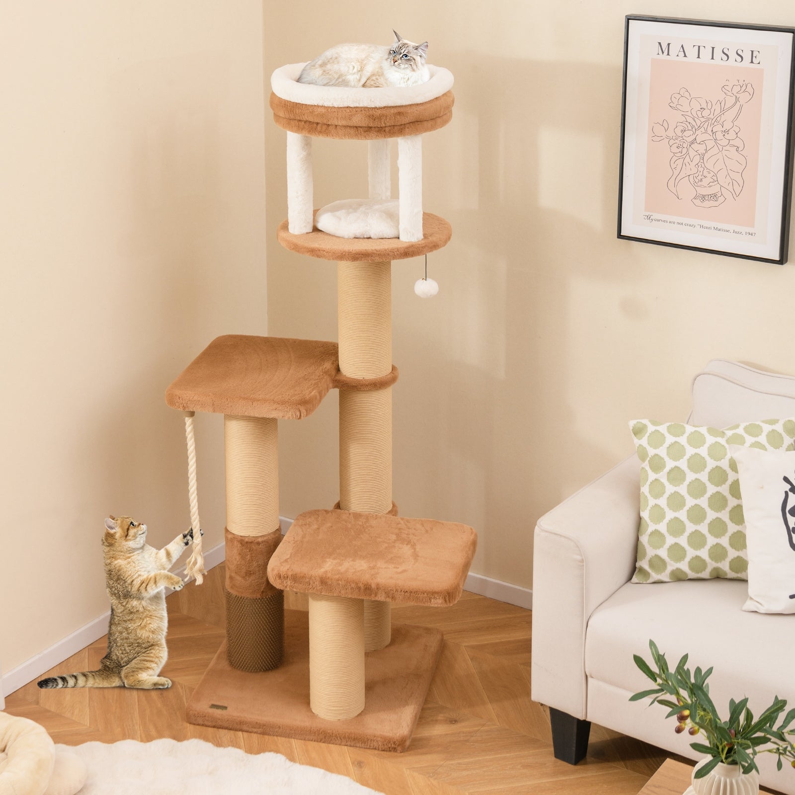 65 Inches Tall Cat Tree, Self-Groomer, Removable Cat Bed, Coffee Cat Trees Condos & Scratchers at Gallery Canada