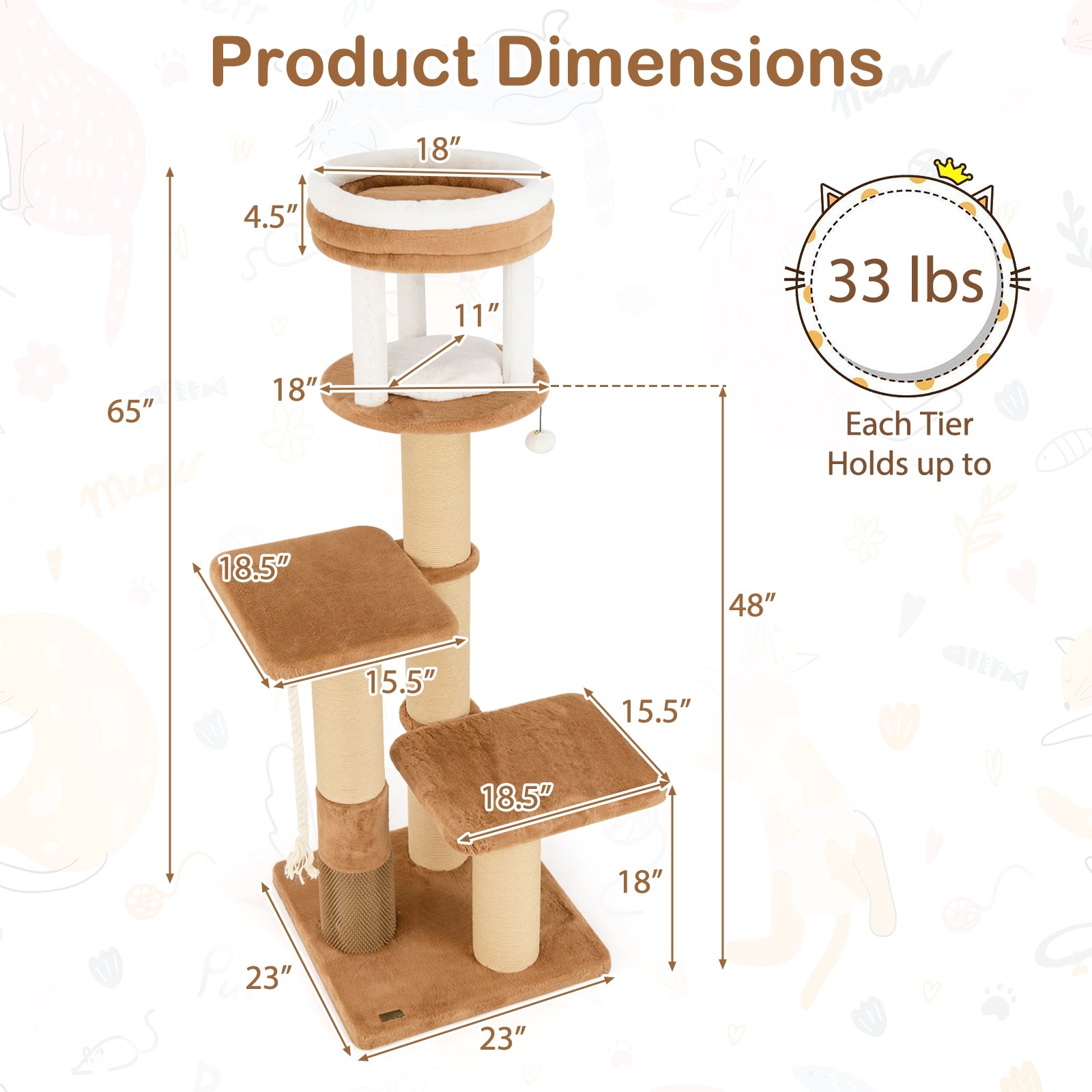 65 Inches Tall Cat Tree, Self-Groomer, Removable Cat Bed, Coffee Cat Trees Condos & Scratchers at Gallery Canada