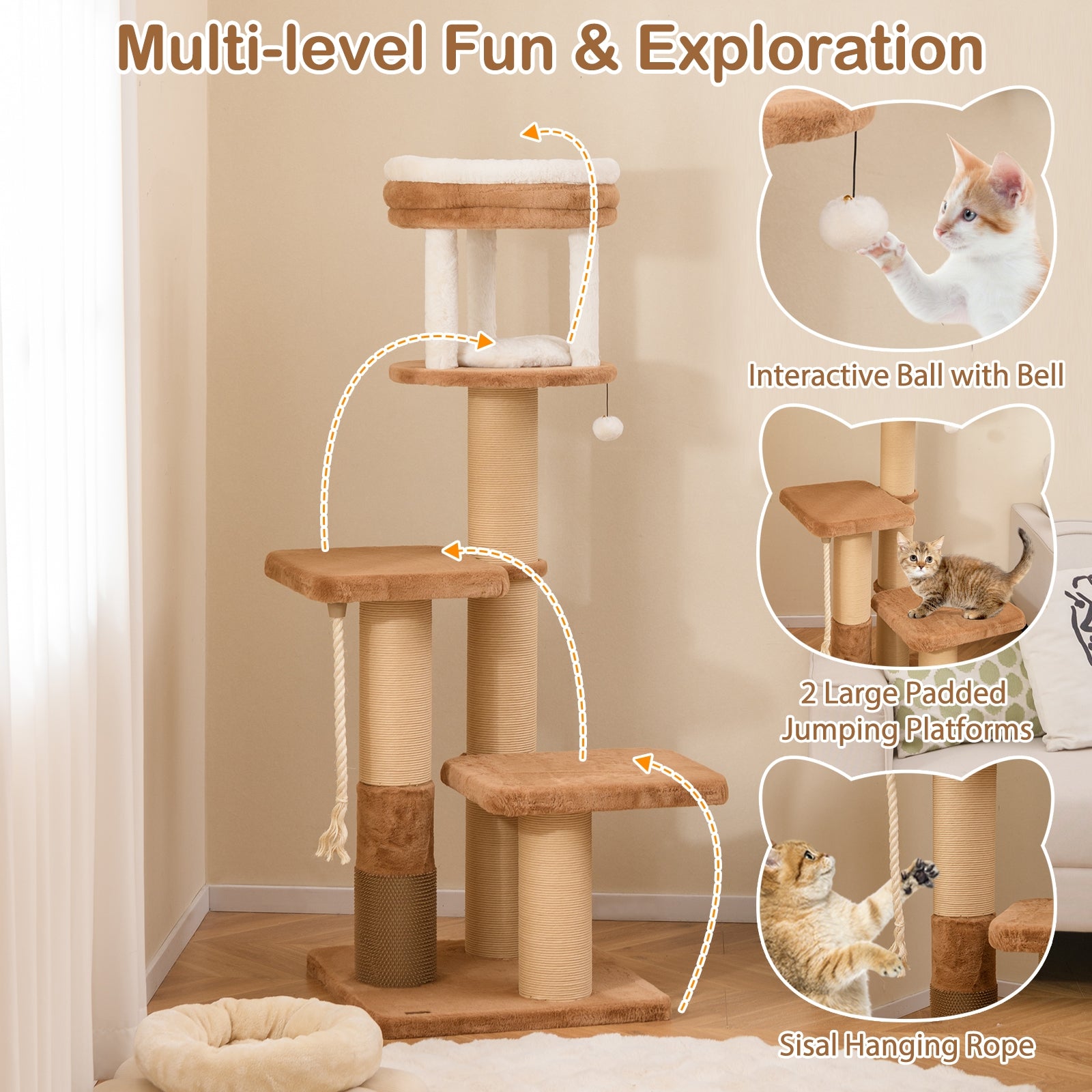 65 Inches Tall Cat Tree, Self-Groomer, Removable Cat Bed, Coffee Cat Trees Condos & Scratchers at Gallery Canada
