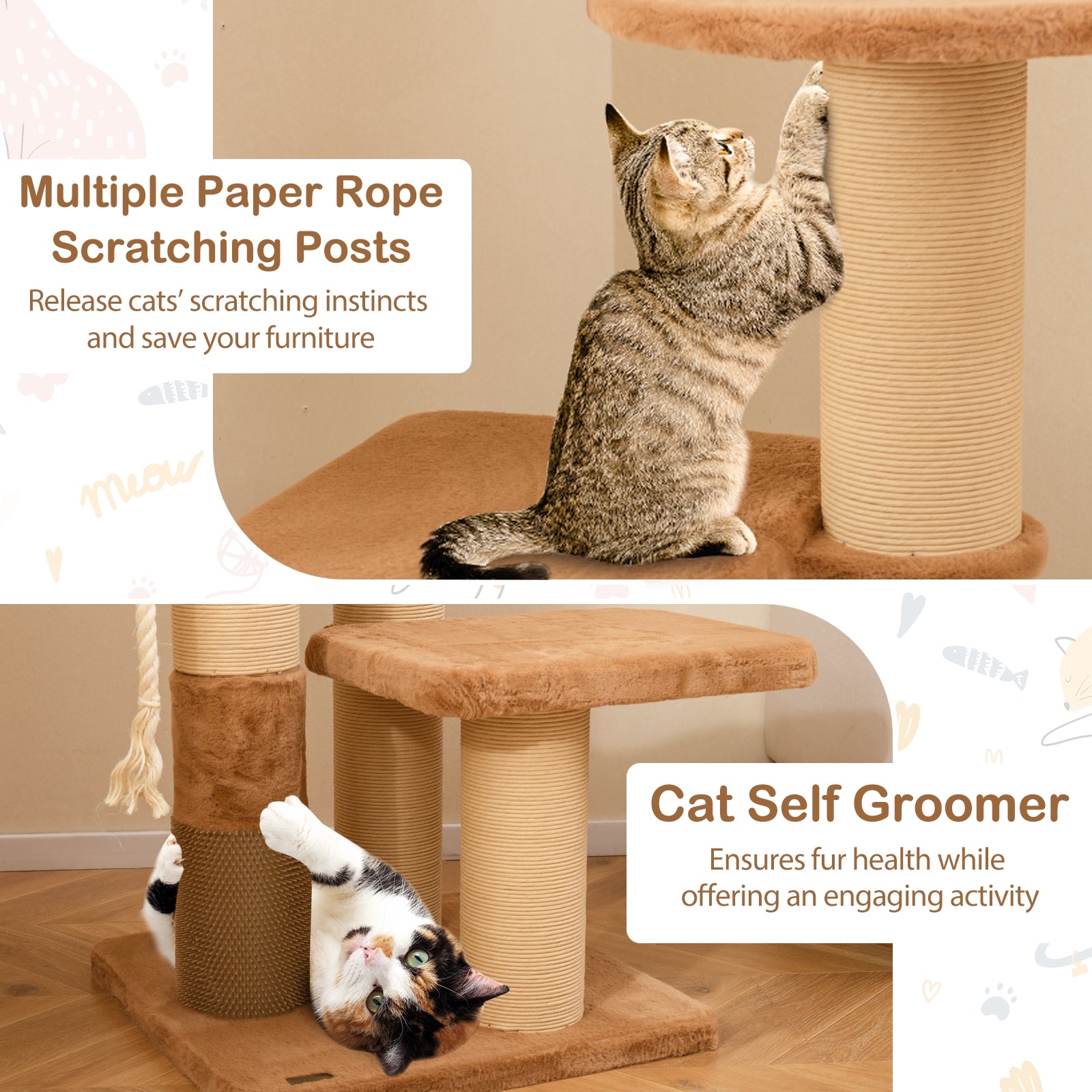 65 Inches Tall Cat Tree, Self-Groomer, Removable Cat Bed, Coffee Cat Trees Condos & Scratchers at Gallery Canada