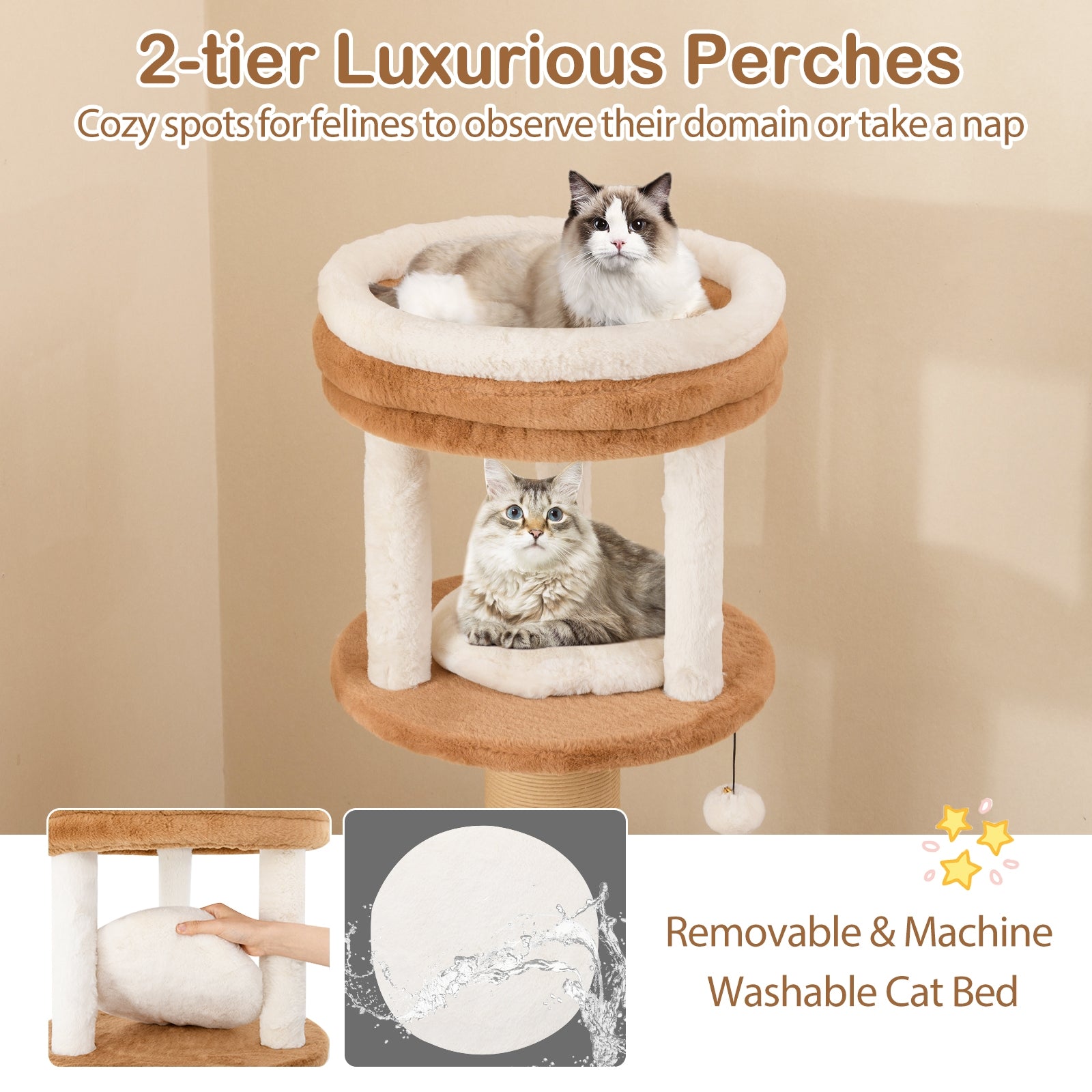 65 Inches Tall Cat Tree, Self-Groomer, Removable Cat Bed, Coffee Cat Trees Condos & Scratchers at Gallery Canada