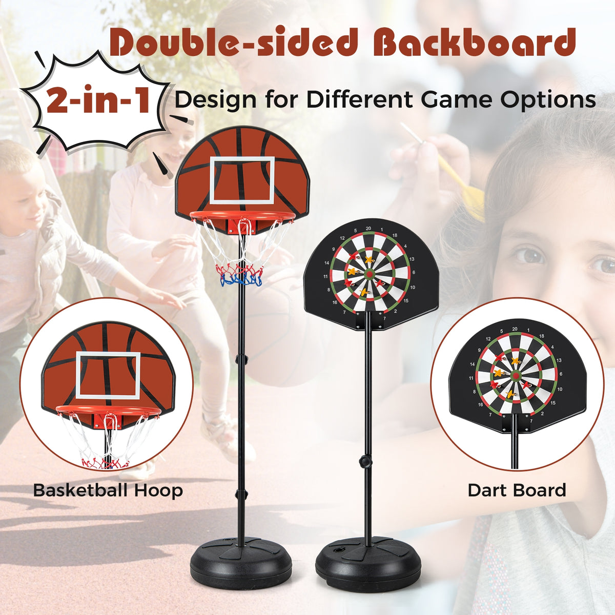 Height Adjustable Kids Basketball Hoop With Dart Board, Black Sport Equipments at Gallery Canada