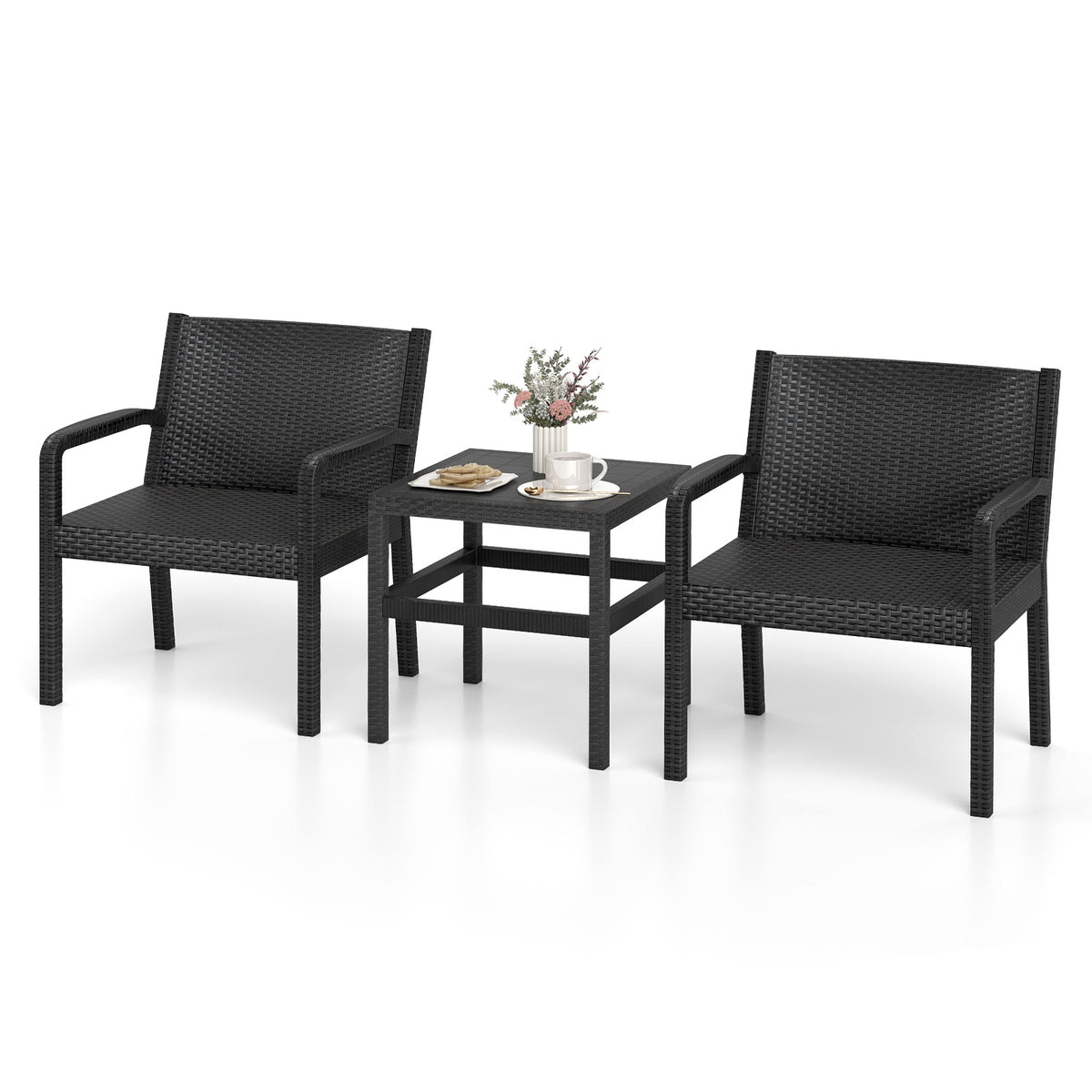 3 Piece Patio Furniture Set, 2 Rattan Armchairs, 25 Inch Side Table, Black Patio Conversation Sets at Gallery Canada
