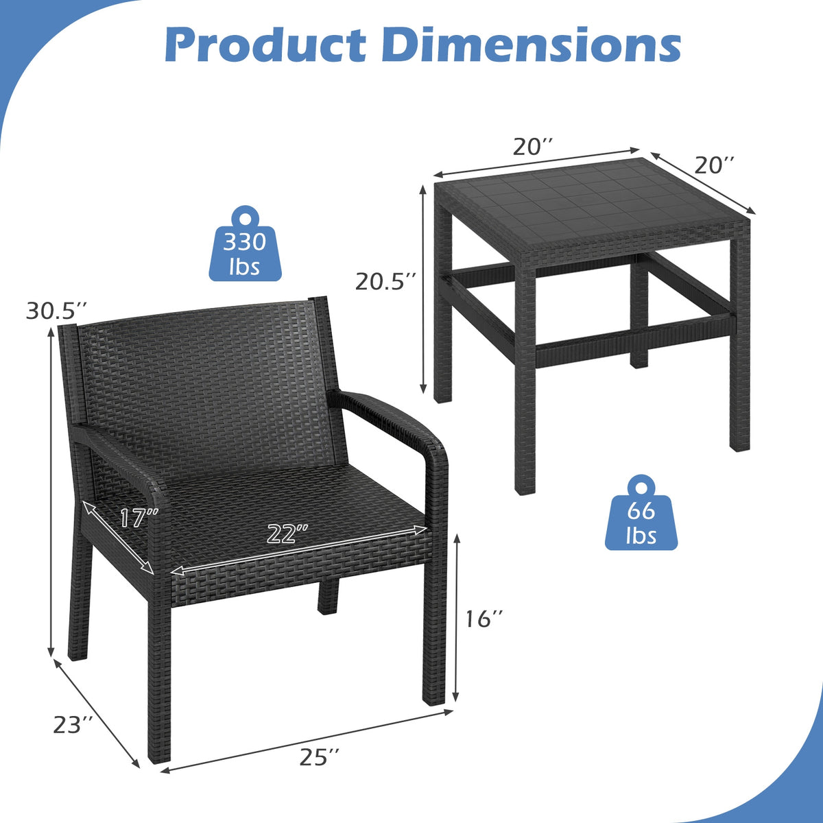 3 Piece Patio Furniture Set, 2 Rattan Armchairs, 25 Inch Side Table, Black Patio Conversation Sets at Gallery Canada