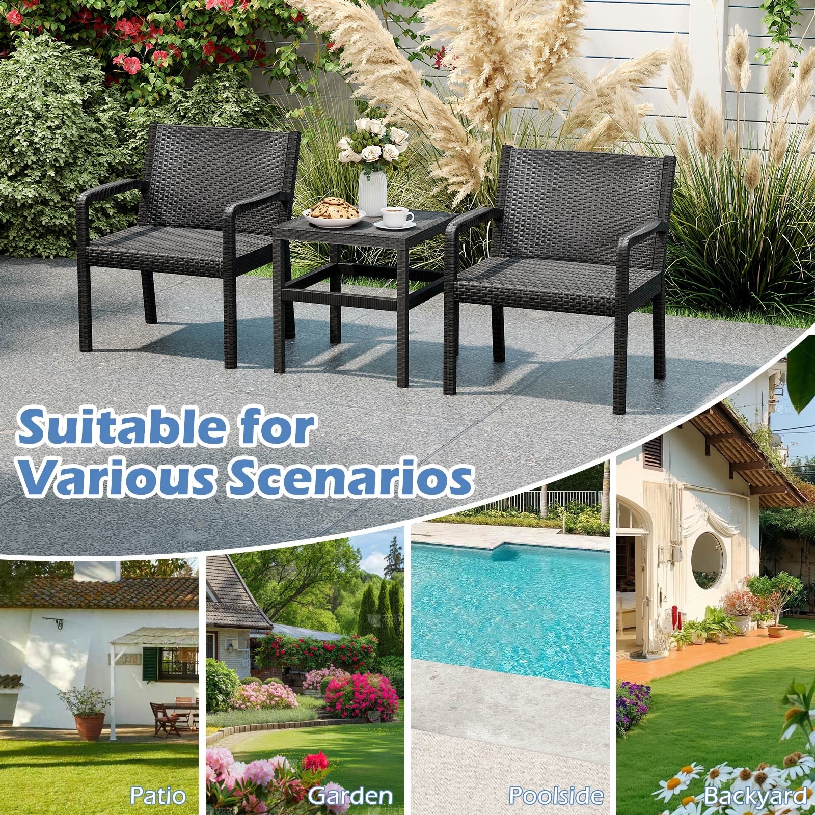 3 Piece Patio Furniture Set, 2 Rattan Armchairs, 25 Inch Side Table, Black Patio Conversation Sets at Gallery Canada