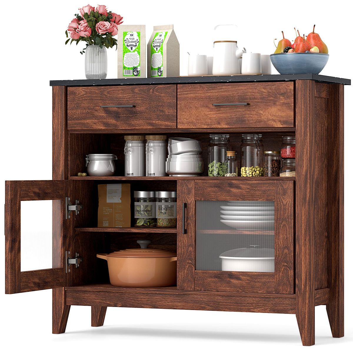 Coffee Bar Cabinet with 2 Drawers and 1 Open Compartment, Brown Kitchen Islands & Carts at Gallery Canada