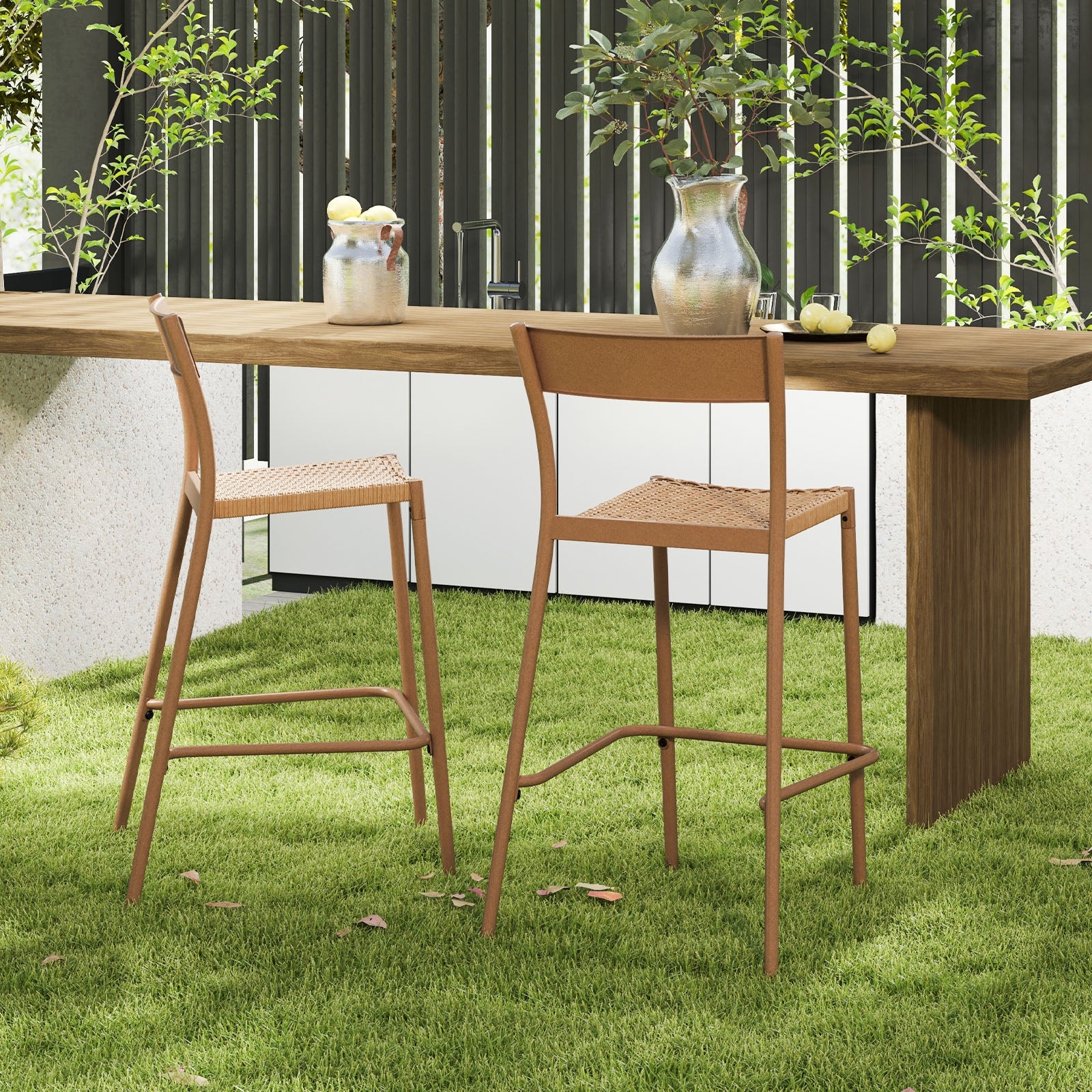 Patio Barstools Set Of 4, Rattan Seat Metal Backrest, Light Brown Patio Dining Chairs at Gallery Canada