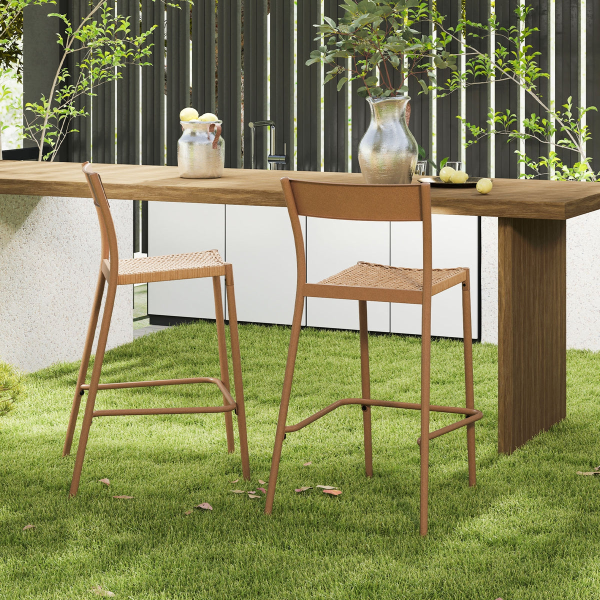 Patio Barstools Set Of 4, Rattan Seat Metal Backrest, Light Brown Patio Dining Chairs at Gallery Canada