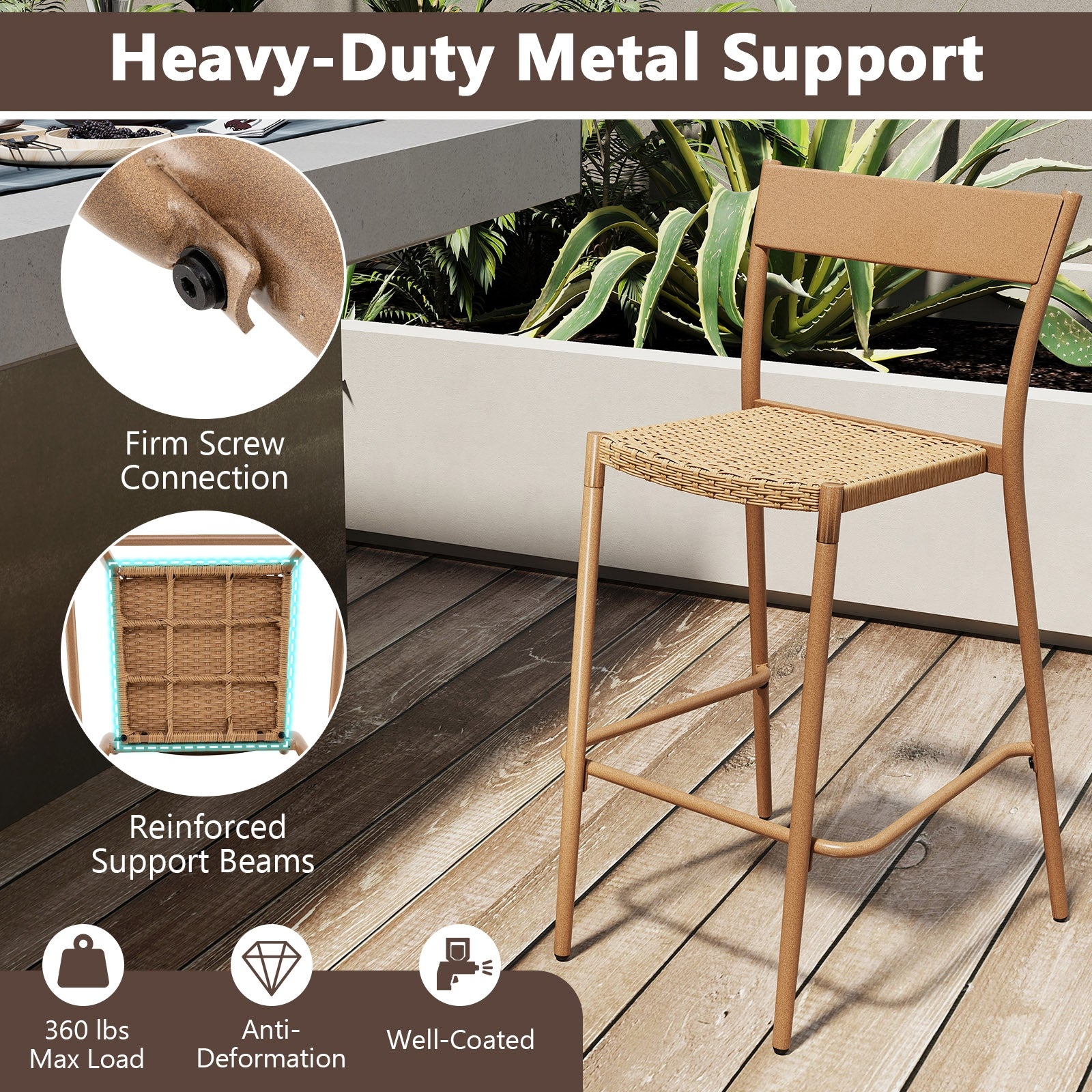 Patio Barstools Set Of 4, Rattan Seat Metal Backrest, Light Brown Patio Dining Chairs at Gallery Canada