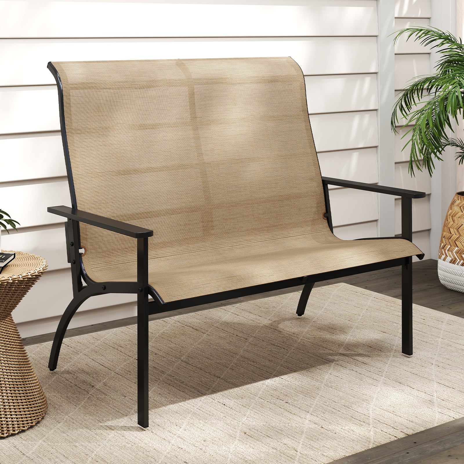 2-Person Patio Garden Bench, High Back Armrests, Coffee Outdoor Benches at Gallery Canada