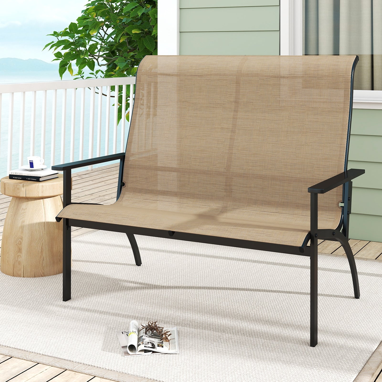 2-Person Patio Garden Bench, High Back Armrests, Coffee Outdoor Benches at Gallery Canada