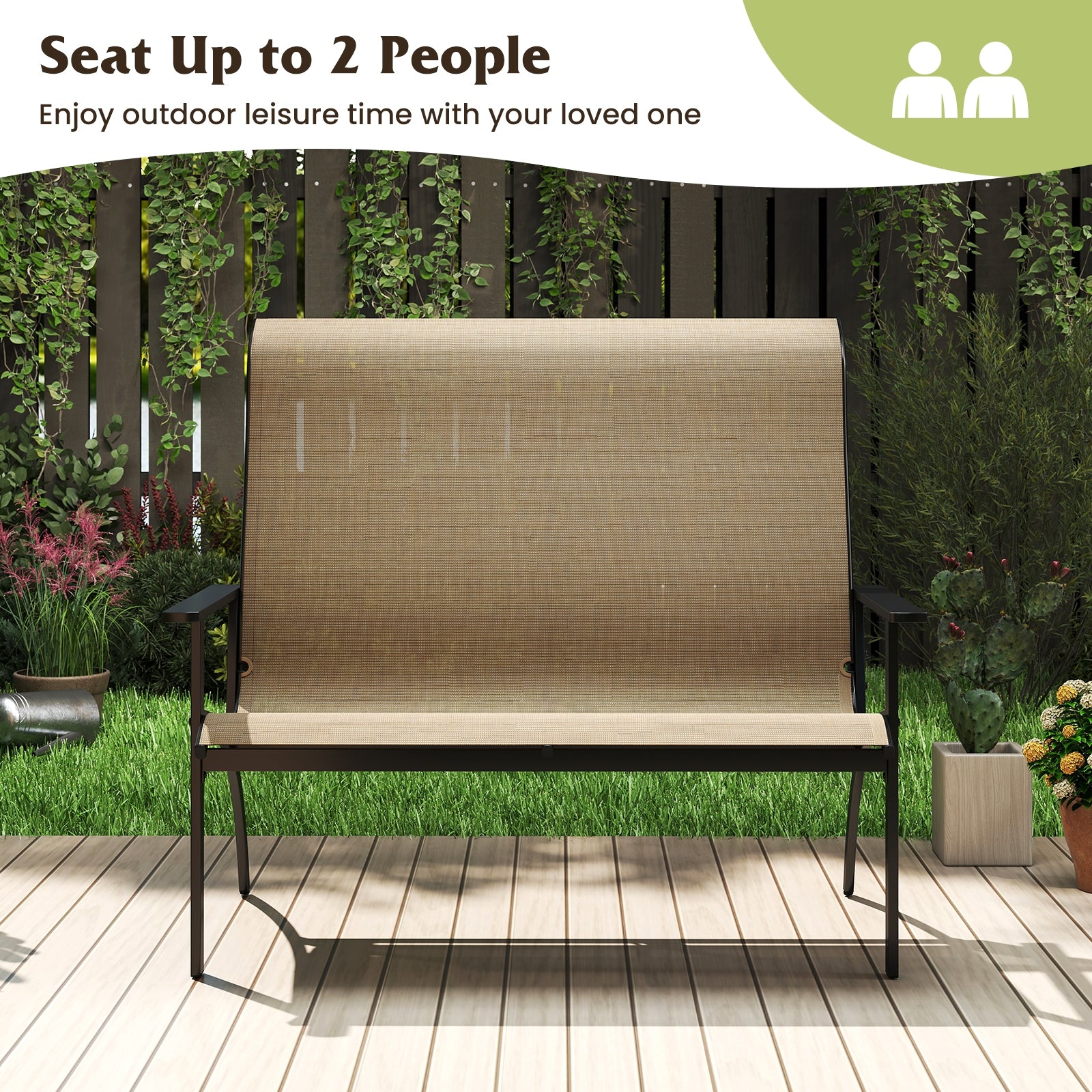2-Person Patio Garden Bench, High Back Armrests, Coffee Outdoor Benches at Gallery Canada