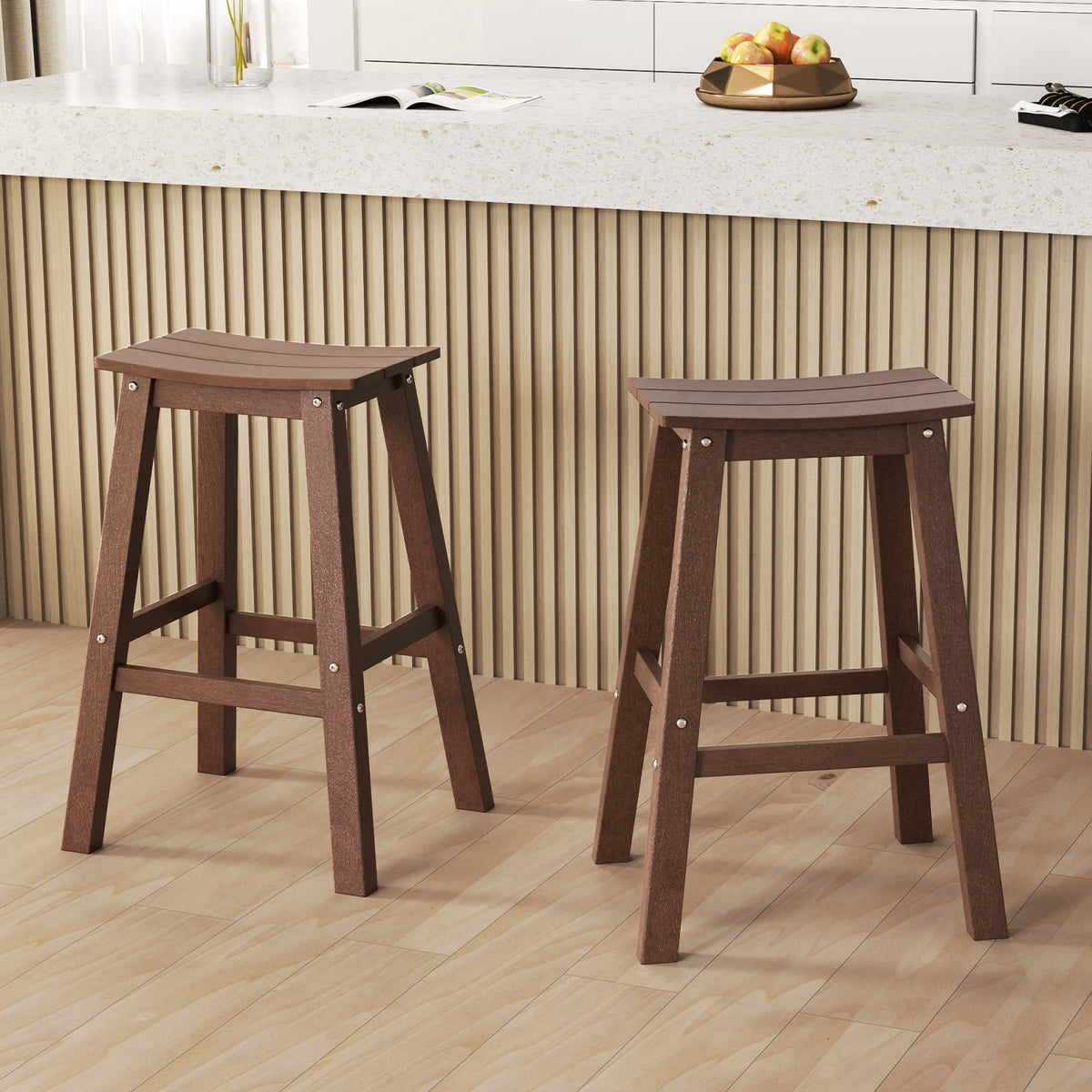 29 Inch HDPE Patio Bar Stool Set, Armless Saddle Stools, Brown Bar Stools at Gallery Canada
