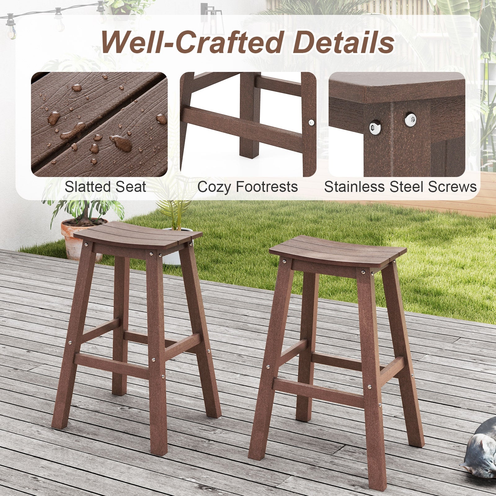 29 Inch HDPE Patio Bar Stool Set, Armless Saddle Stools, Brown Bar Stools at Gallery Canada