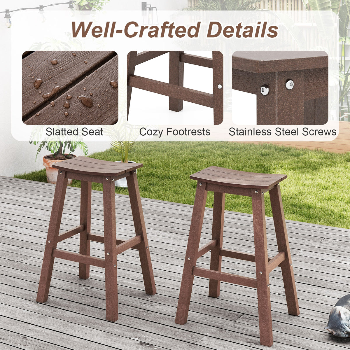 29 Inch HDPE Patio Bar Stool Set, Armless Saddle Stools, Brown Bar Stools at Gallery Canada