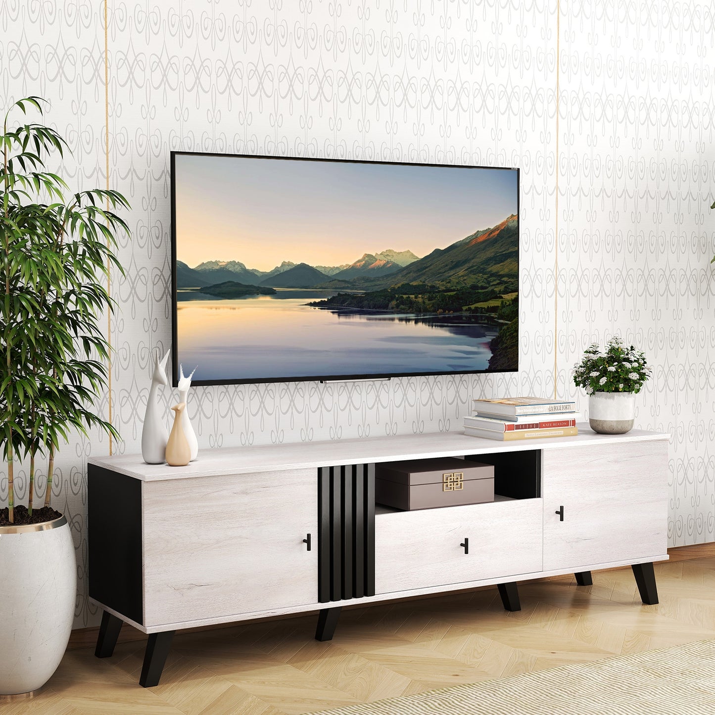 Mid Century Modern TV Stand, 80" Oak Entertainment Center Entertainment Centers & TV Stands at Gallery Canada