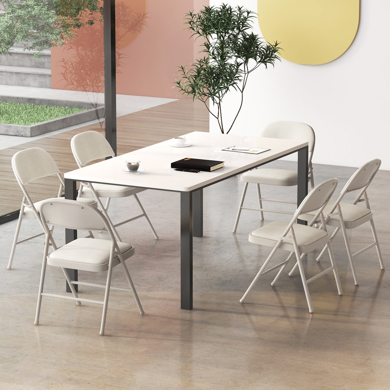 Foldable Chair Set Of 6, Padded Seat, Fabric Backrest, Beige Chairs at Gallery Canada