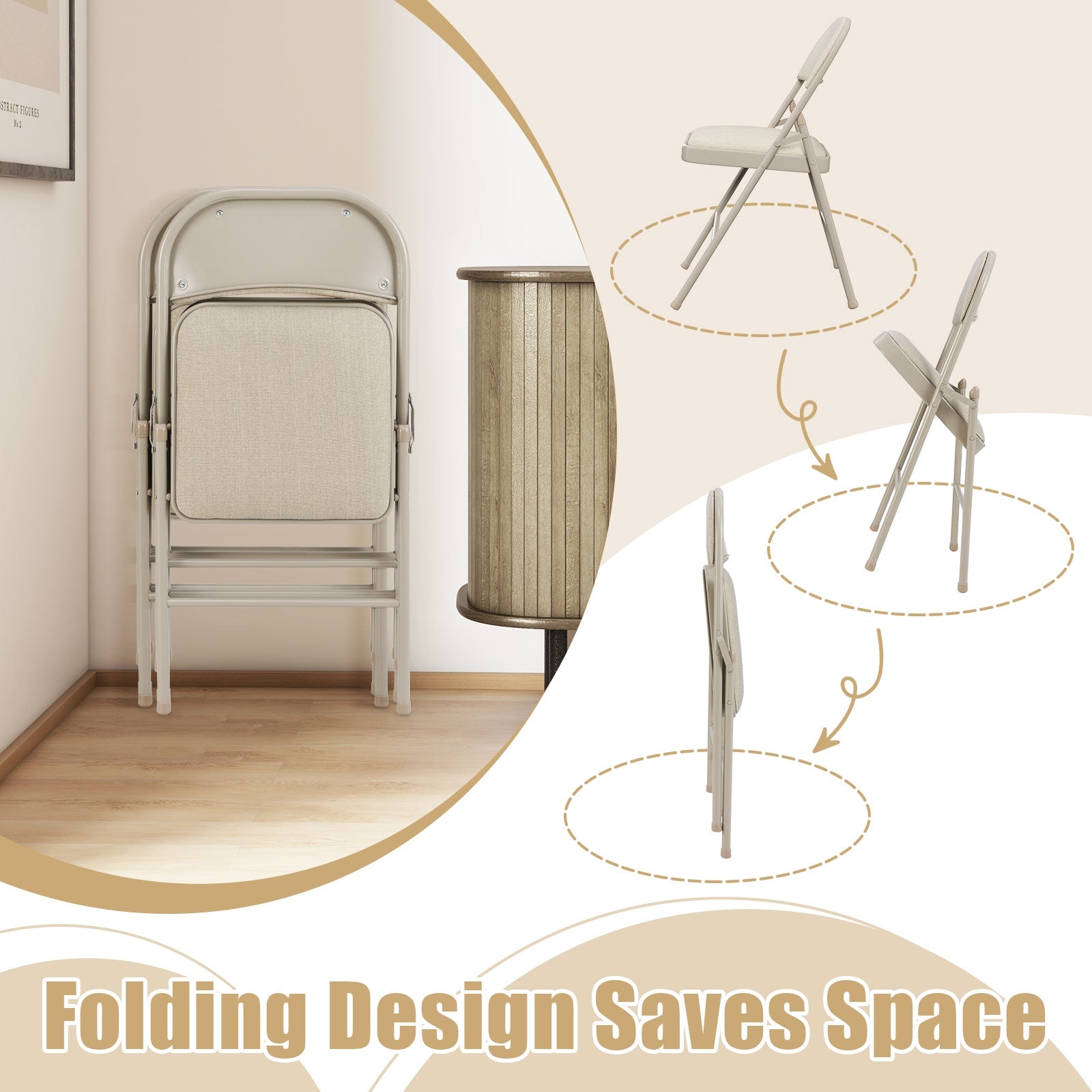 Foldable Chair Set Of 6, Padded Seat, Fabric Backrest, Beige Chairs at Gallery Canada