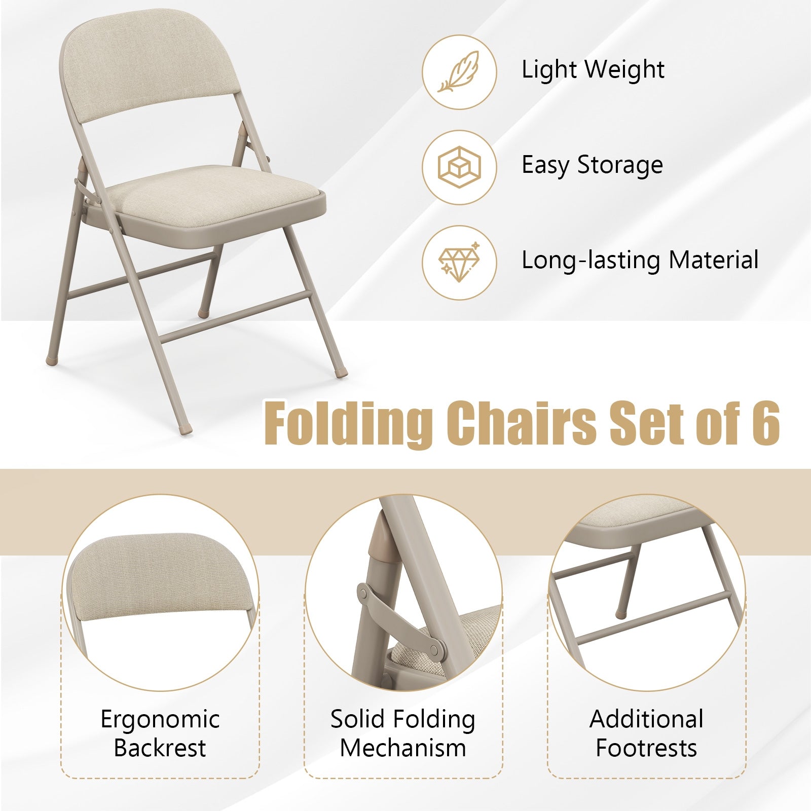 Foldable Chair Set Of 6, Padded Seat, Fabric Backrest, Beige Chairs at Gallery Canada