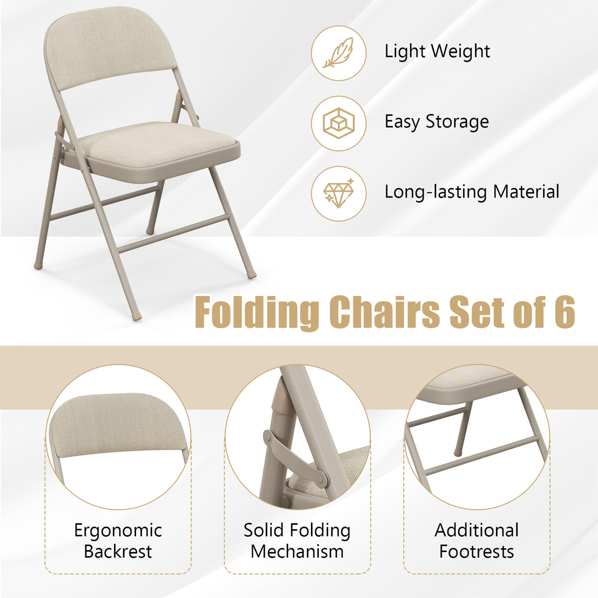 Foldable Chair Set Of 6, Padded Seat, Fabric Backrest, Beige Chairs at Gallery Canada