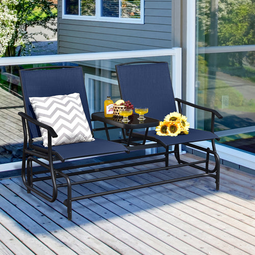 2-Person Double Rocking Loveseat, Mesh Fabric, Tempered Glass Table, Navy