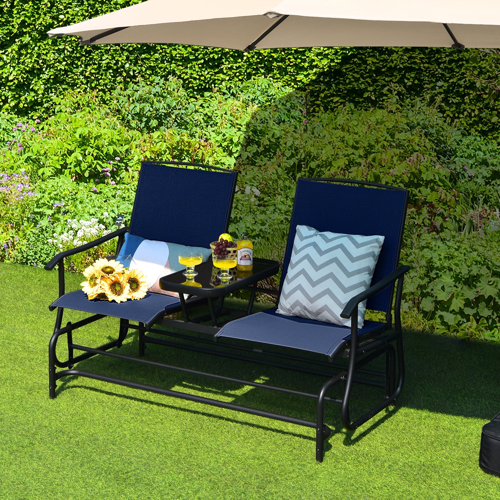2-Person Double Rocking Loveseat, Mesh Fabric, Tempered Glass Table, Navy Patio Conversation Sets at Gallery Canada
