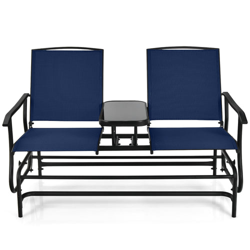 2-Person Double Rocking Loveseat, Mesh Fabric, Tempered Glass Table, Navy
