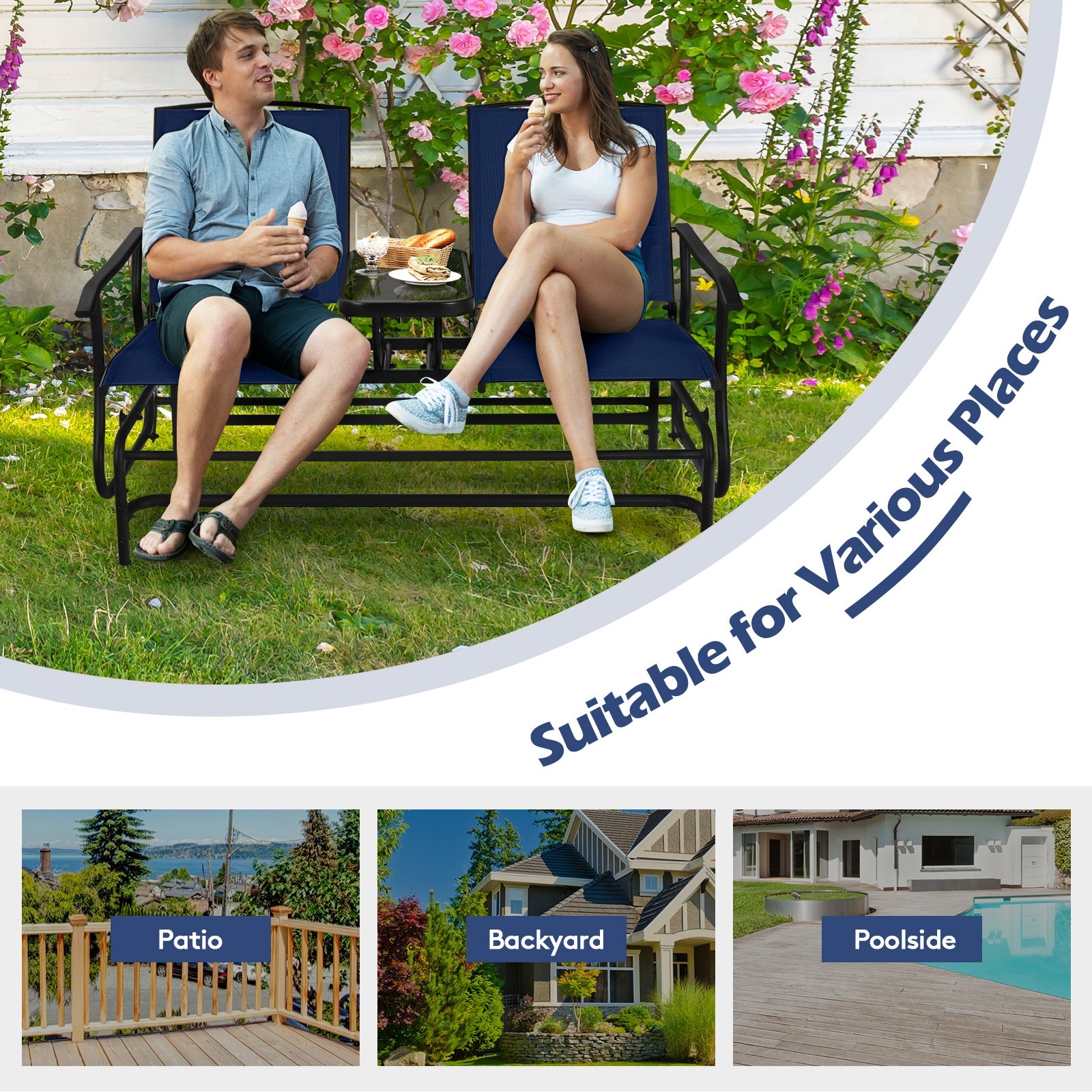 2-Person Double Rocking Loveseat, Mesh Fabric, Tempered Glass Table, Navy Patio Conversation Sets at Gallery Canada